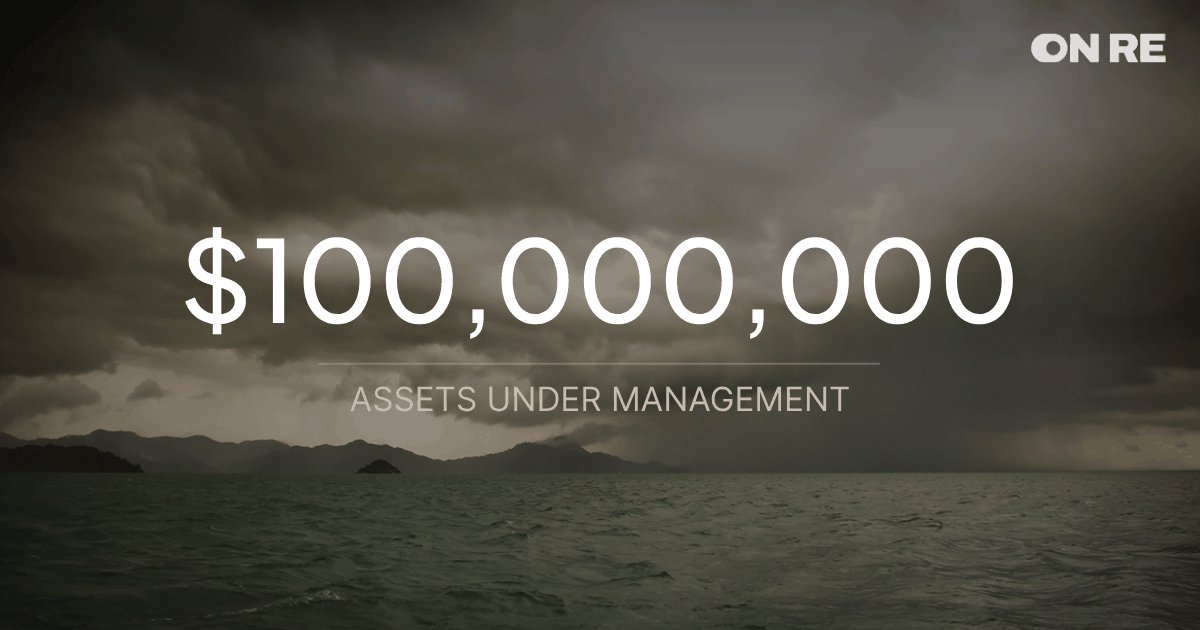 The image features a dramatic, stormy seascape with dark clouds looming over a calm body of water, overlaid with the bold text "$100,000,000 ASSETS UNDER MANAGEMENT" and the "ON RE" logo in the top right corner. This visual contrasts the turbulent sky with a monumental financial milestone, supporting the post's announcement of surpassing $200M AUM and ONRE's role as a leader in bringing real-world reinsurance premiums onchain.