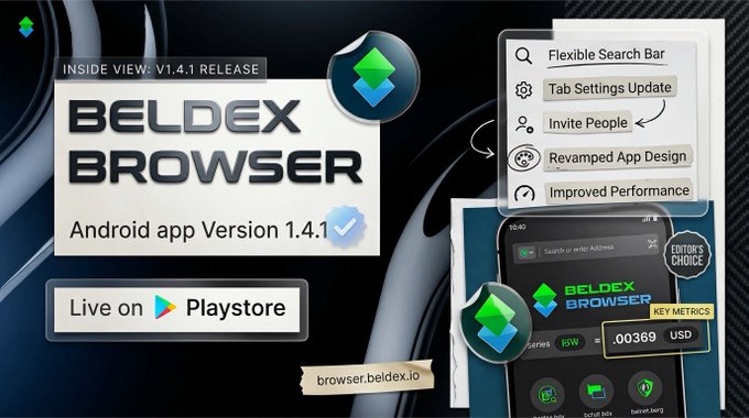 An announcement showcases the 'BELDEX BROWSER' Android app Version 1.4.1, now 'Live on Playstore', highlighting features like Flexible Search Bar, Tab Settings Update, and Inviting People at browser.beldex.io.