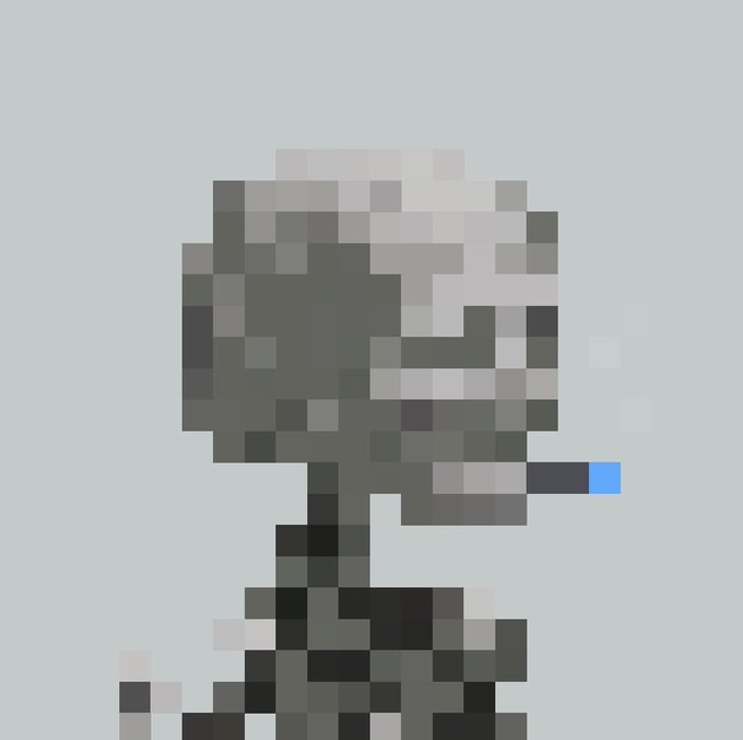 A heavily pixelated image of a gray and black figure or creature with a blue tip on what appears to be its nose or snout against a gray background.
