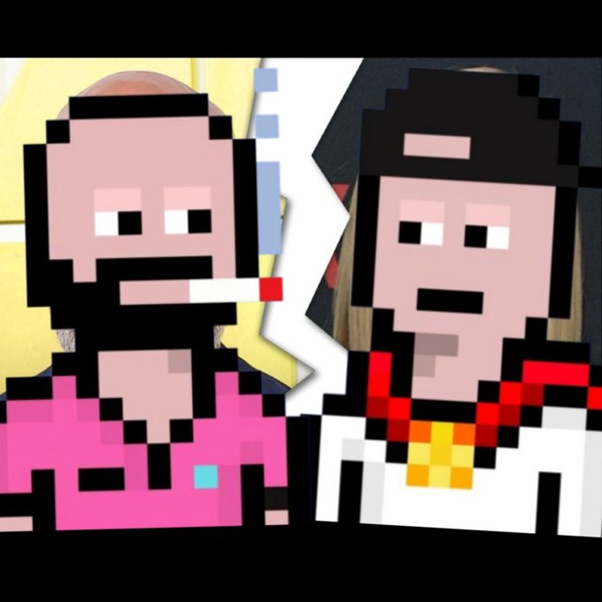 Two pixel-art characters, one with a beard smoking a cigarette in a pink shirt and another wearing a black cap, are shown side-by-side separated by a jagged white line.