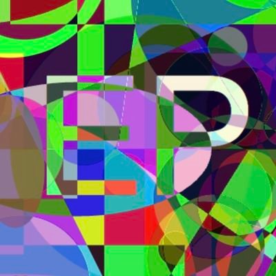 A colorful abstract artwork with overlapping geometric shapes and translucent layers displays the large letters 'E' and 'D' in a mosaic style.