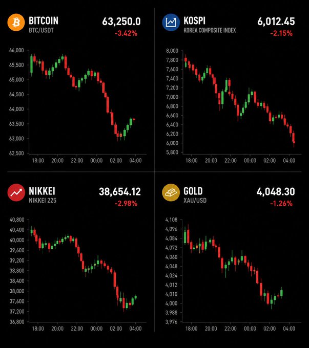 Financial markets across the board are in the red, with Bitcoin (BTC/USDT) down 3.42% to $63,250.00, KOSPI down 2.15% to 6,012.45, Nikkei 225 down 2.98% to 38,654.12, and Gold (XAU/USD) down 1.26% to $4,048.30, illustrating the broad overnight sell-off referenced in the post that also impacted chip stocks like Nvidia and Micron.