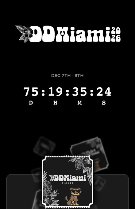 A countdown timer for DD Miami 2024, taking place December 7th-9th, shows 75 days, 19 hours, 35 minutes, and 24 seconds remaining, alongside a stylized "DDMiami TICKET" featuring a pixelated dog figure that ties into the Doginal Dogs Miami event announcement.