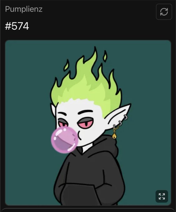 A digital illustration of a character with green flame-like hair, red eyes, and pointed ears wearing a black hoodie and blowing a pink bubble gum bubble, labeled 'Pumplienz #574'.