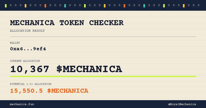 A Mechanica Token Checker allocation result showing wallet address 0xa6...9ef4 with a current allocation of 10,367 $MECHANICA and a potential 1.5x allocation of 15,550.5 $MECHANICA, branded with mechanica.fun and @RoyalMechanica.