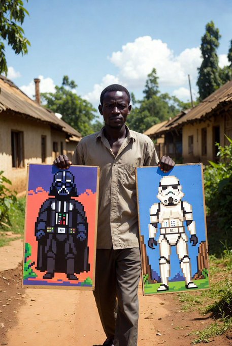 A man stands outdoors holding up two pixel-art paintings, one depicting Darth Vader and the other a Stormtrooper from Star Wars.