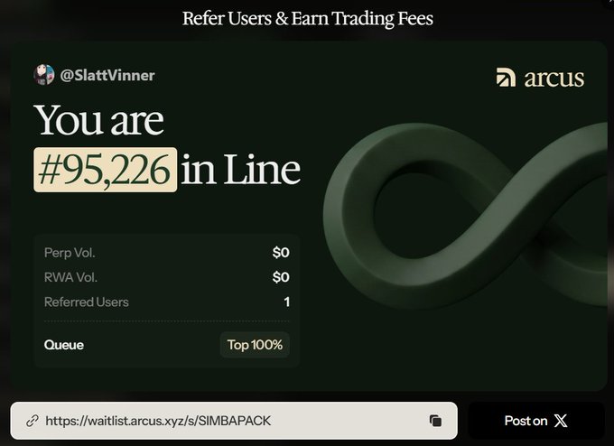 A referral dashboard from Arcus showing user @SlattVinner is #95,226 in line with $0 Perp Vol, $0 RWA Vol, and 1 referred user, with a waitlist link and 'Post on X' button.