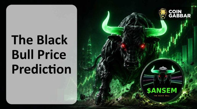 The image shows "The Black Bull Price Prediction" with a black bull charging forward and the $ANSEM, THE BLACK BULL coin with green glowing horns. This aligns with the post's mention of ANSEM (The Black Bull) as a top cryptocurrency.