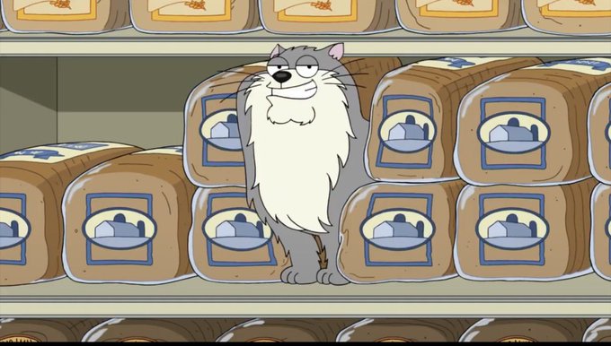 An animated scene featuring a fluffy grey cat standing on a grocery store shelf in front of stacked loaves of bread.