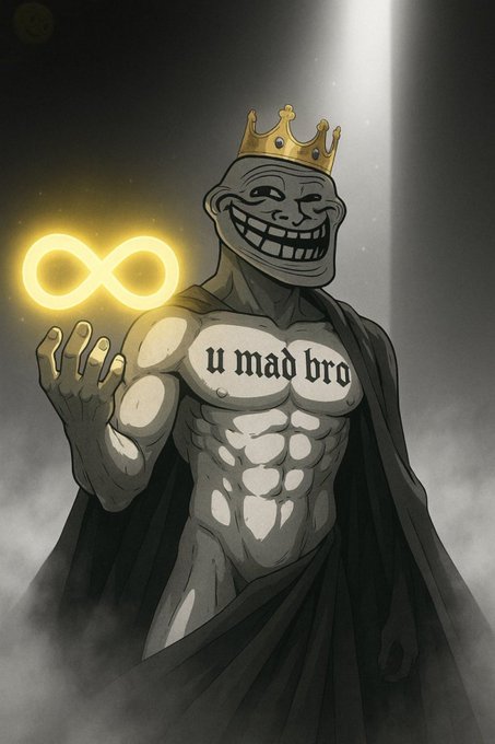 A muscular, crowned troll with the trollface grin and "u mad bro" tattooed on his chest holds a glowing golden infinity symbol, reinforcing the "$TROLL infinity" meme of perpetual trolling and trolling-fueled market hype.