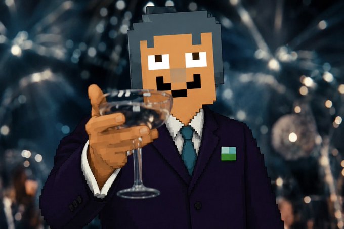 A pixelated character in a suit with a "STONKBROKER" name tag toasts with a champagne glass in front of a sparkly background, fitting the celebratory "GM" and "$0.10" price target post about the $STONKBROKER meme token.
