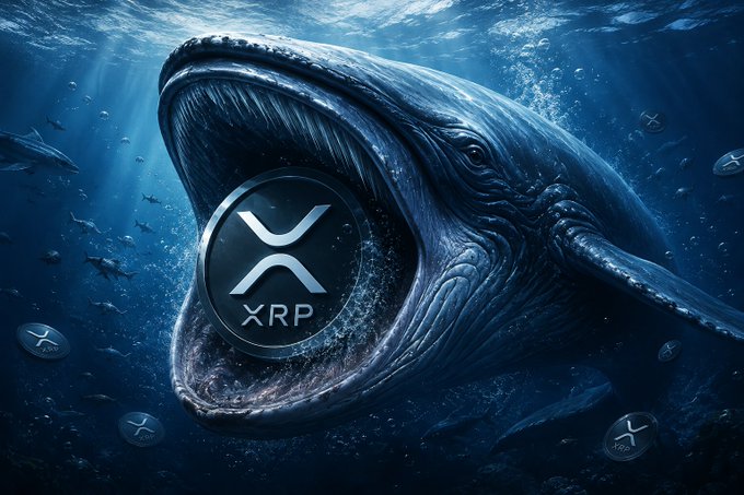 A digital artwork of a massive whale underwater with its mouth wide open, featuring the XRP cryptocurrency logo inside its mouth and other smaller XRP coins floating around.