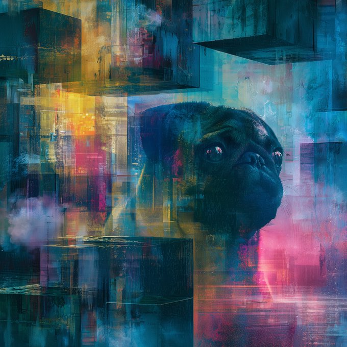 A colorful digital artwork of a pug's head emerging from a geometric, abstract background filled with vivid blues, pinks, and oranges.