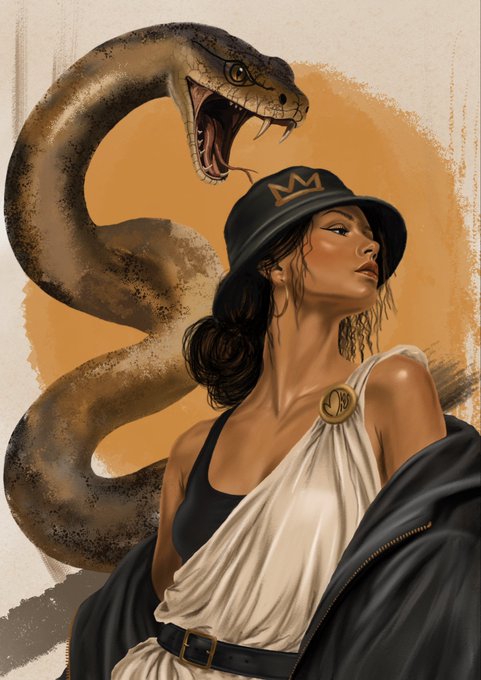 A striking illustration features a woman in a crown-emblazoned cap and draped fabrics, exuding confidence alongside a coiled, fanged snake, perfectly capturing the bold and venomous essence of the "Venenum 1/1" NFT listed at 414 xtz.
