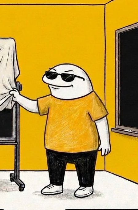 A crayon-style drawing of a smug cartoon character in sunglasses and an orange shirt pulling a cloth in a yellow room with a chalkboard.