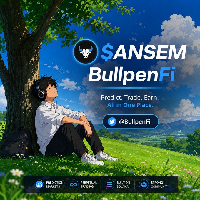 A promotional banner for '$ANSEM BullpenFi' featuring an anime character sitting under a tree, with the tagline 'Predict. Trade. Earn. All in One Place.' and Twitter handle '@BullpenFi', noting features like Perpetual Trading and being built on Solana.