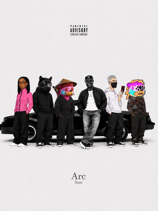 An album cover titled 'Arc' by Sam, featuring a 'Parental Advisory Explicit Content' label and an illustrated group of figures in streetwear standing in front of a car.