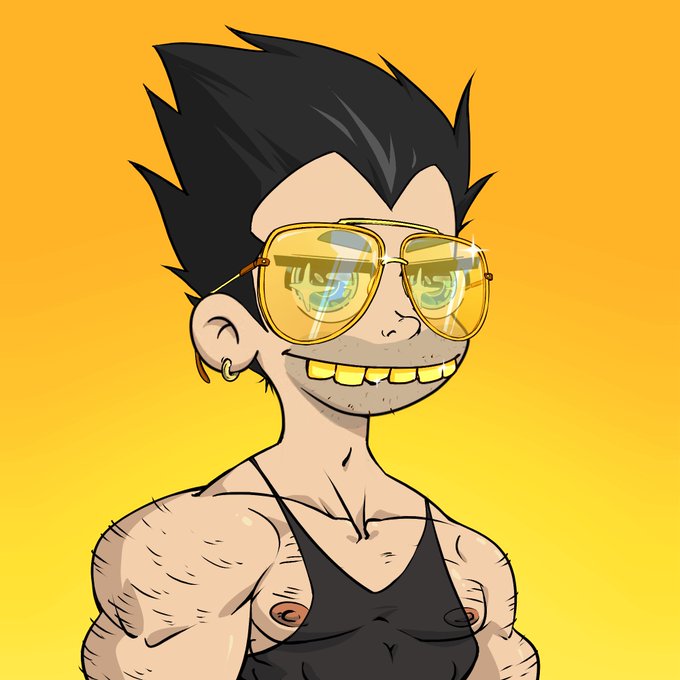 A cartoon-style illustration of a character with spiky black hair, yellow-tinted sunglasses reflecting dollar signs, a gold earring, prominent gold teeth, and a black tank top against an orange background.