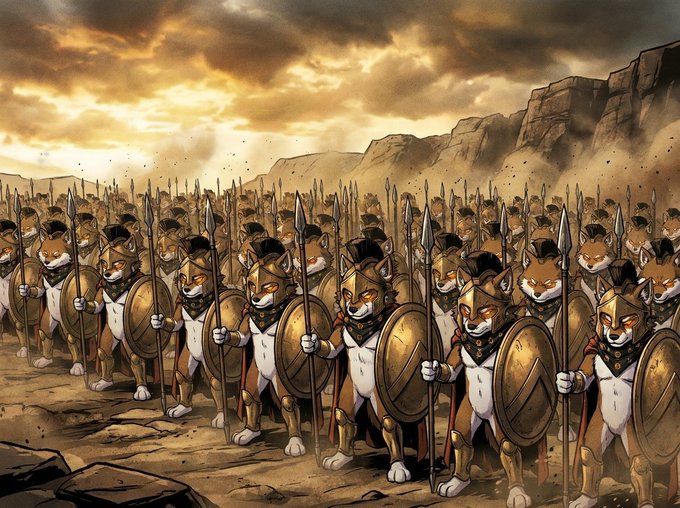 An anime-style illustration of an army of cats wearing Spartan-style helmets and holding spears and shields, standing in formation under a dramatic cloudy sky.