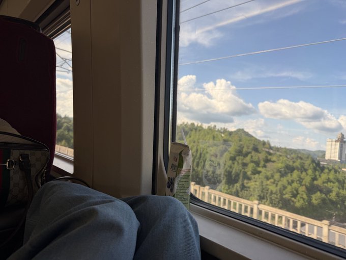 A traveler gazes out a train window at a scenic landscape of green hills and blue sky, with a snack packet held in hand and a designer bag resting beside them, evoking the journey of spreading the word on blockchain projects BSC and FLap as they move toward the next destination.