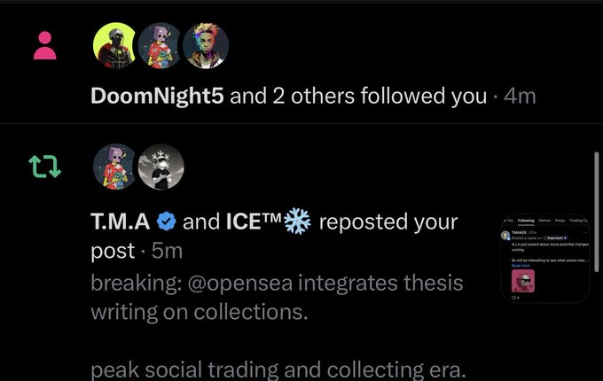 A dark-themed social media notification screen showing that 'DoomNight5 and 2 others followed you' and 'T.M.A and ICE™ reposted your post' regarding an @opensea integration with thesis writing on collections.