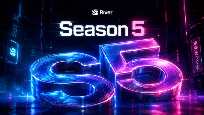 The image features a large block of text that reads "Season 5" in blue letters against a dark background. The text is surrounded by neon-colored blocks, creating an eye-catching design. Below the text, there are two small icons representing the words "River" and "S5".