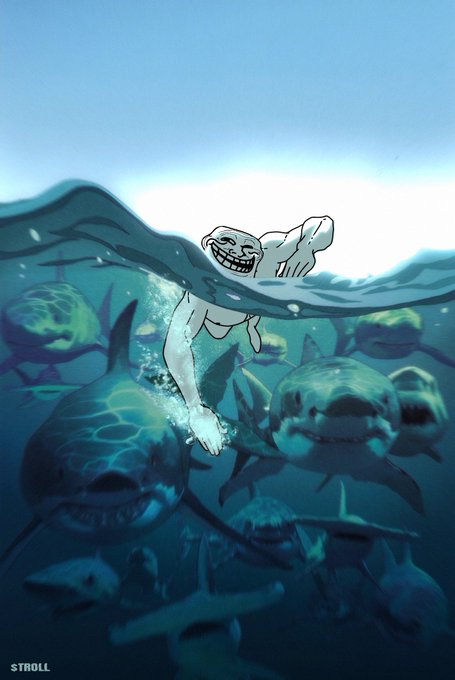 The image features a cartoonish scene of a man swimming among sharks, which appears to be a humorous depiction of a shark encounter. The man is depicted as a cartoon character, possibly a clown or a jester, with a big smile on his face while swimming in the ocean surrounded by numerous sharks. The post that accompanies this image includes the text "swimming with the sharks".