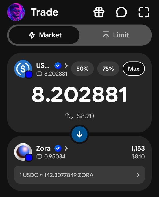 Mobile app screenshot of a crypto trading interface showing a market order converting 8.202881 USDC to 1,153 Zora tokens at a rate of 1 USDC ≈ 142.3077849 ZORA.