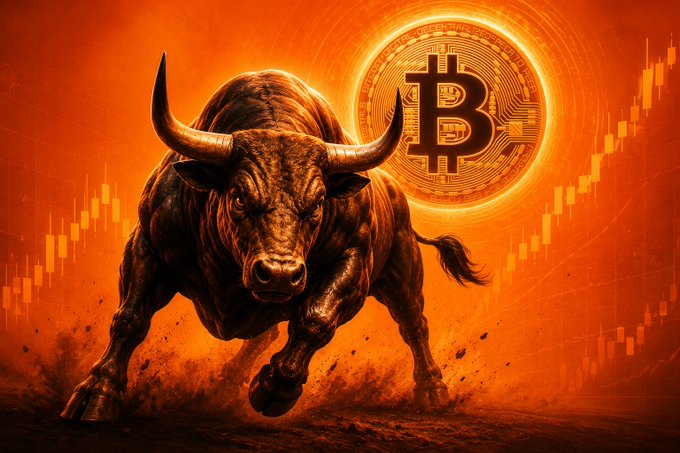 A dramatic illustration of a charging bull with a glowing Bitcoin coin behind it, set against an orange background with rising financial charts symbolizing a bullish market.
