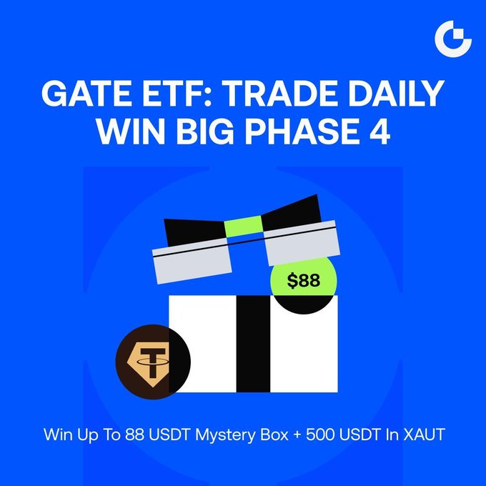 The image features an advertisement promoting Gate ETF Trade Daily. The main visual element of the poster is a black and white picture with a coin placed on top, symbolizing an investment in the Gate ETF. Below the coin, there's text stating that the viewer should "Win Up To 88 USDT Mystery Box". This mystery box has a fixed prize value of $88 for winning it up to. The text suggests that once the user wins the mystery box, they will be sent an email with more information about how to claim their reward.