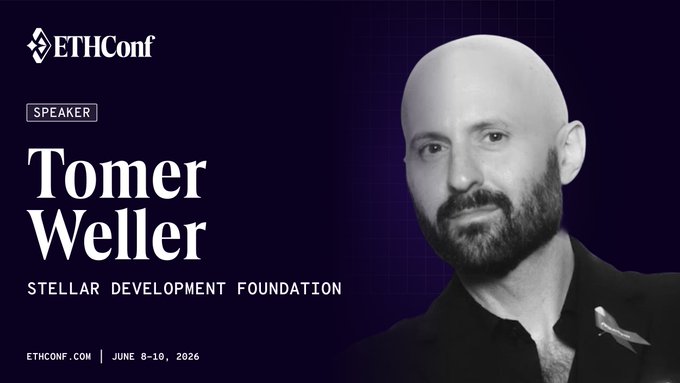 The image features a man with a bald head, wearing a black shirt, standing against a purple background. The text "If you're at ethiccon today, catch @tomerweller's session" is displayed above him, indicating that he is speaking at an event related to the Ethical AI Conference. The post also mentions that the speaker will be discussing "Onchain Privacy for Institutions".