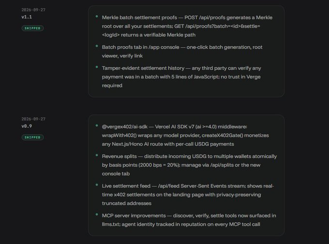 A dark-themed technical changelog with entries for v1.1 and v0.9 dated 2026-09-27, detailing Merkle batch settlement proofs and Vercel AI SDK middleware updates.