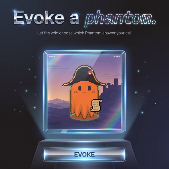 A digital collectible card display reading 'Evoke a phantom' with the tagline 'Let the void choose which Phantom answer your call,' featuring a pixel-art orange ghost character wearing a pirate hat and holding a treasure chest, marked as 'LOCKED' and 'RO.2G.'