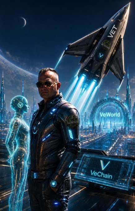 Sci-fi digital artwork featuring a man in futuristic black leather attire and sunglasses standing beside a holographic blue figure, with a 'VET' branded spaceship, 'VeWorld' and 'VeChain' logos against a cityscape backdrop.