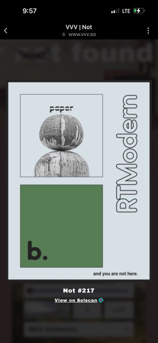 A mobile screenshot from vvv.so showing NFT artwork titled 'Not #217' featuring stacked coconut halves labeled 'esper' and a green square with 'b.', alongside text 'and you are not here.' and 'RTModern'.