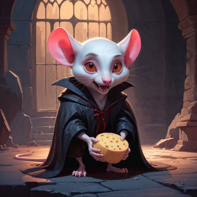 A digital illustration of a cartoonish white mouse-like creature wearing a black cloak, holding a block of Swiss cheese in a stone castle setting.
