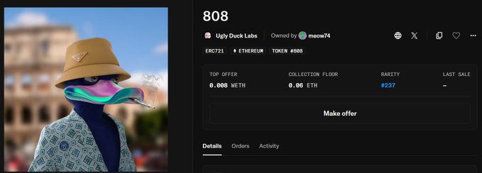 An NFT marketplace listing for 'Ugly Duck Labs' item #808 showing an ostrich in a hat and shirt, priced at 0.086 WETH.
