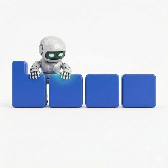 3D render of a small white robot with glowing green eyes peeking over a row of four blue block-like buttons or bars against a white background.