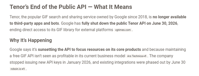 A text article titled 'Tenor's End of the Public API – What It Means' explaining that Google shut down the Tenor public API on June 30, 2026.