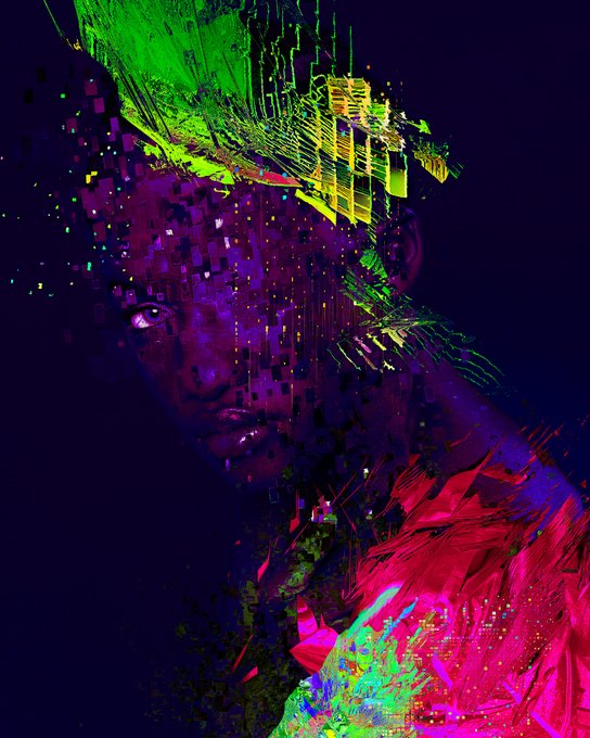 A stylized, glitch-art digital portrait of a person's face composed of vibrant neon pink, green, yellow, and purple digital blocks and lines against a dark purple background.
