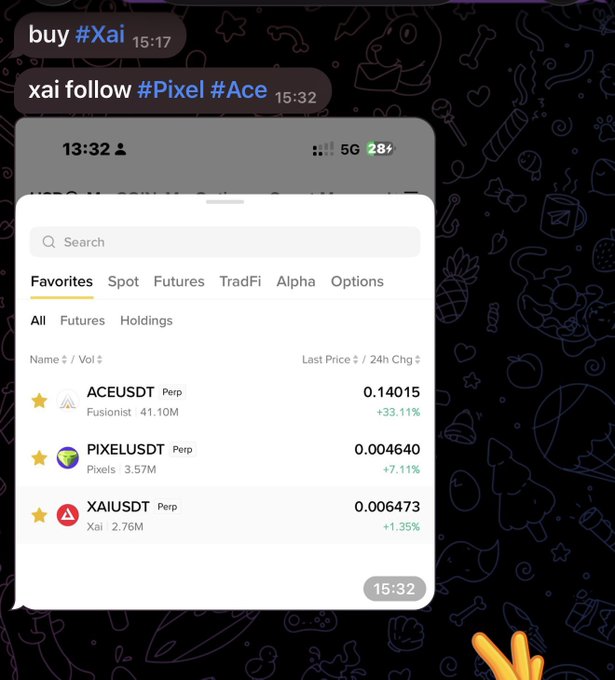 A mobile trading app interface showing perpetual futures contracts for ACEUSDT (+33.11%), PIXELUSDT (+7.11%), and XAIUSDT (+1.35%), with chat commands 'buy #Xai' and 'xai follow #Pixel #Ace' visible.