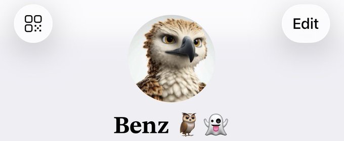 A profile screen with an owl avatar, the name 'Benz', and owl and ghost emojis.