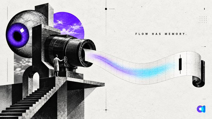 A stylized graphic with the text 'FLOW HAS MEMORY' depicts a surreal figure operating a large cannon that emits a colorful, ribbon-like stream, branded with an 'a' logo.