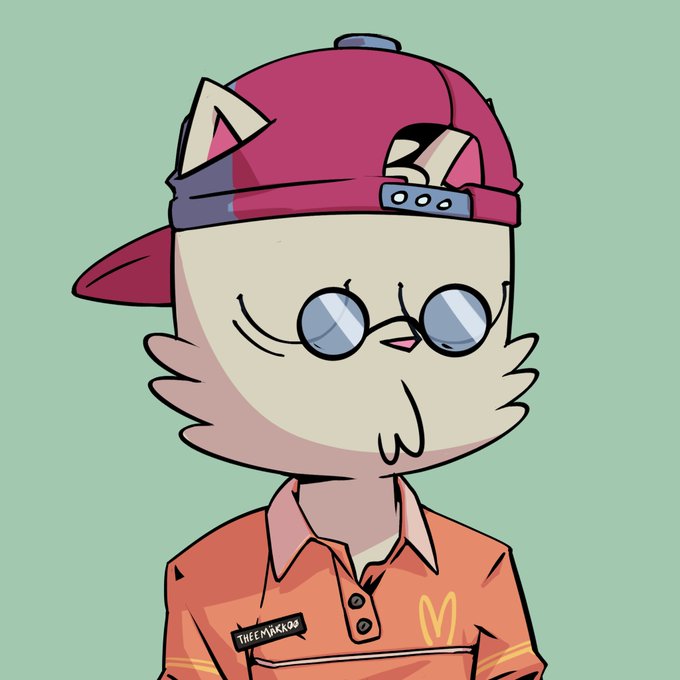 A cartoon-style drawing of a round, bespectacled bird-like character wearing a backwards red cap and an orange collared shirt featuring a McDonald's 'M' logo and a 'THEEMYKKOO' name tag.
