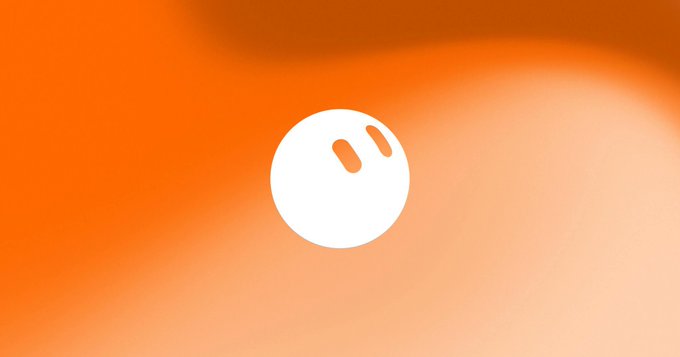 A minimalist logo featuring a white circle with two diagonal pink lines sits on a soft orange gradient background.