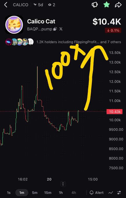 A mobile trading chart for the 'Calico Cat' (CALICO) token showing a price of $10.4K with a hand-drawn '100x' and an upward arrow overlay.