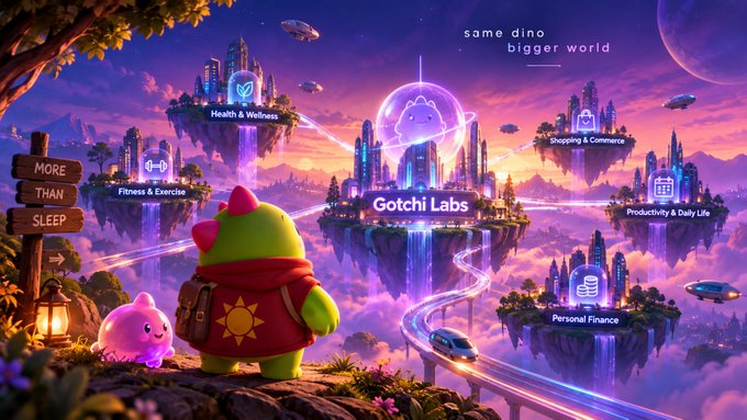 A vibrant fantasy landscape illustration titled 'same dino bigger world' showing a green dinosaur character with a red backpack looking out at floating islands connected by glowing bridges, featuring labeled areas including 'Health & Wellness', 'Fitness & Exercise', 'Gotchi Labs', 'Shopping & Commerce', 'Productivity & Daily Life', and 'Personal Finance'.