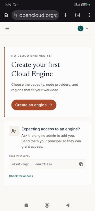 A mobile screenshot of the opencloud.org website showing a message "NO CLOUD ENGINES YET" and a "Create your first Cloud Engine" button, along with an option to check for engine access.