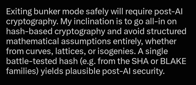 A text excerpt discussing bunker mode cryptography and post-AI security, advocating for hash-based cryptography from the SHA or BLAKE families.