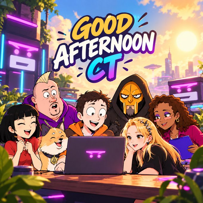 A vibrant cartoon-style illustration featuring six diverse characters and a Shiba Inu dog gathered around a laptop, with the text 'GOOD AFTERNOON GT' displayed prominently above them in colorful graffiti-style lettering against a futuristic city skyline.